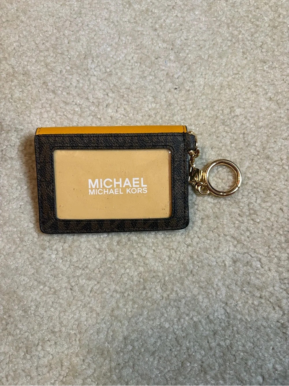 Michael Kors Mustard Yellow & Brown Logo Card Case Keychain